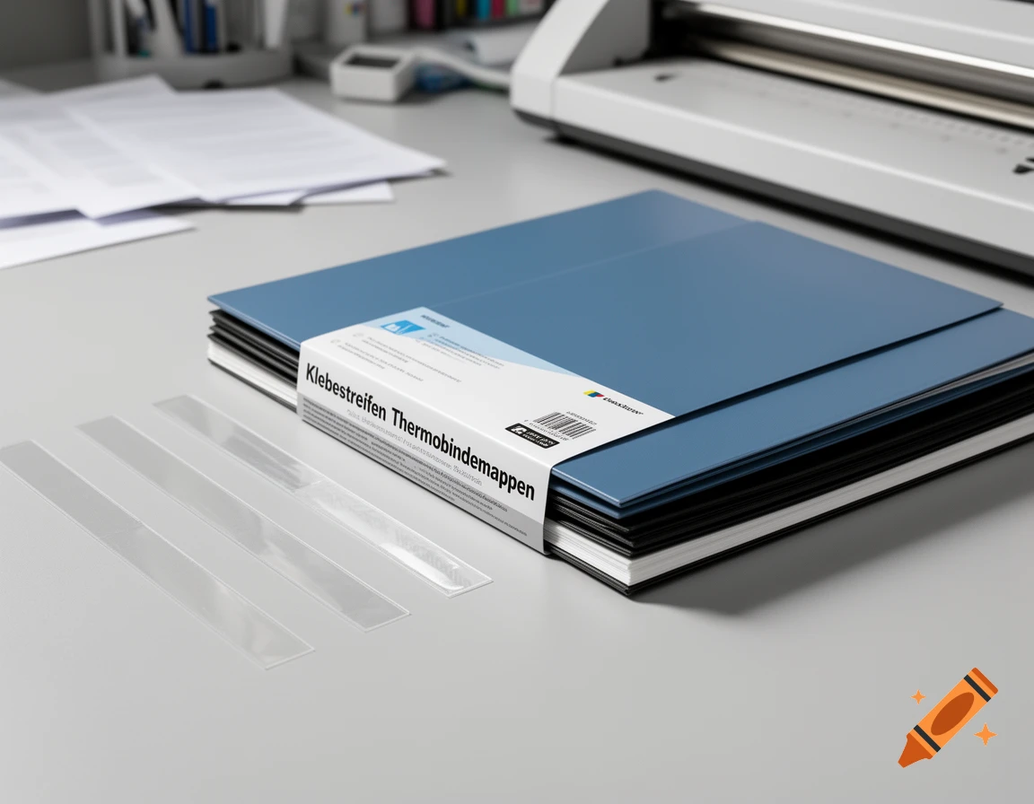 Photorealistic image of blue thermobinding covers and clear plastic strips on a desk in an office.