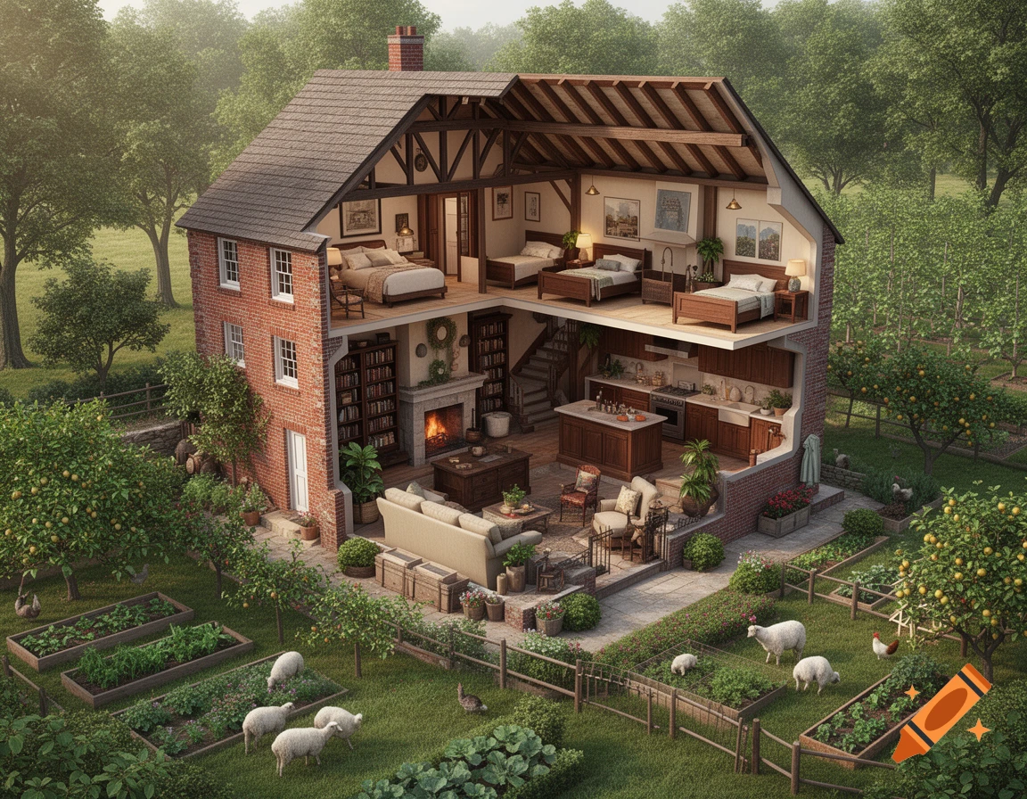 Photorealistic cutaway view of a vintage brick farmhouse with multiple rooms, lush garden, sheep, and trees.