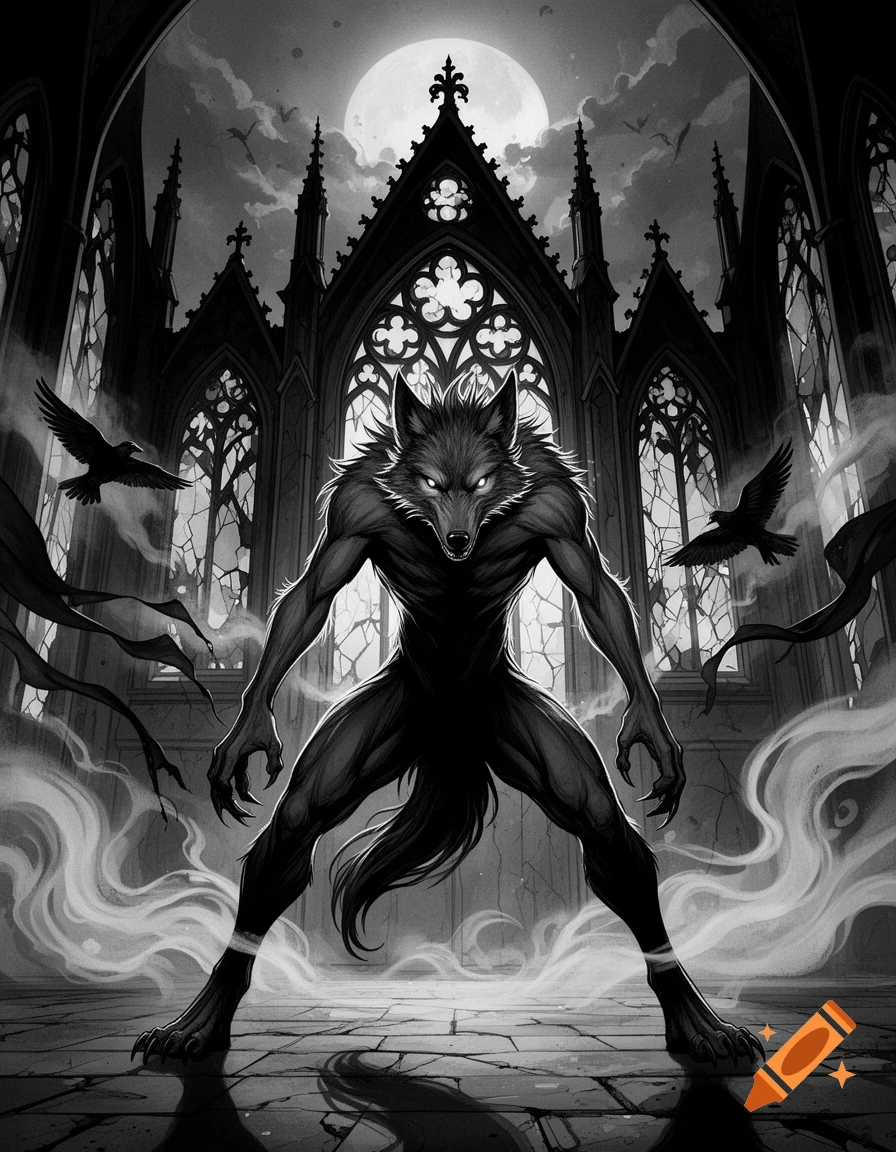 Black and white gothic illustration of a menacing werewolf crouching in a cathedral with a full moon and flying ravens.