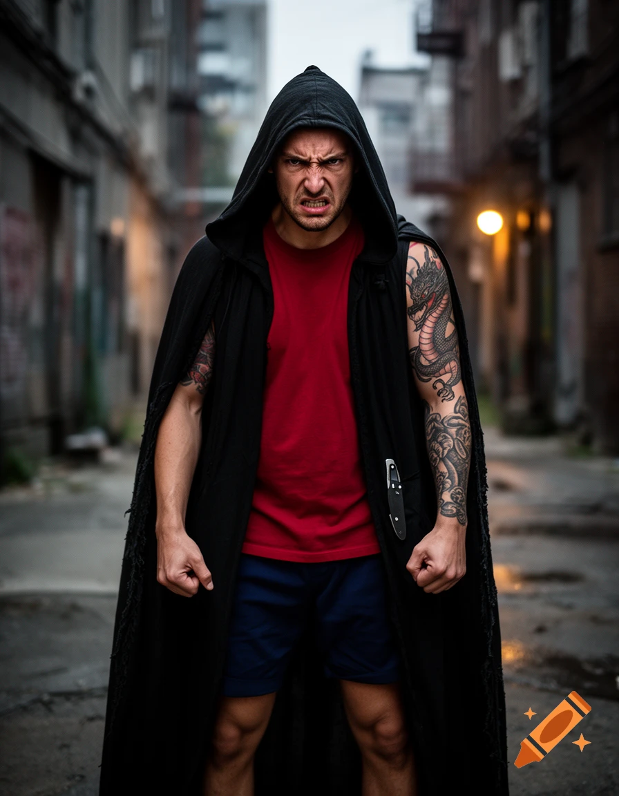 Photorealistic portrait of an angry man with tattoos, wearing a red shirt and a black hooded cloak in a narrow alleyway.