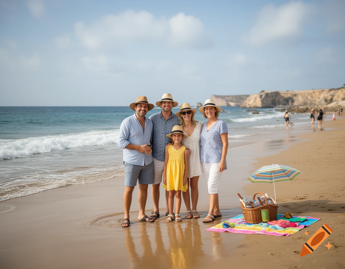 Photorealistic image of a family of five standing on a sandy beach with the ocean in the background, wearing sun hats and casual summer clothes, with a picnic basket and umbrella nearby.