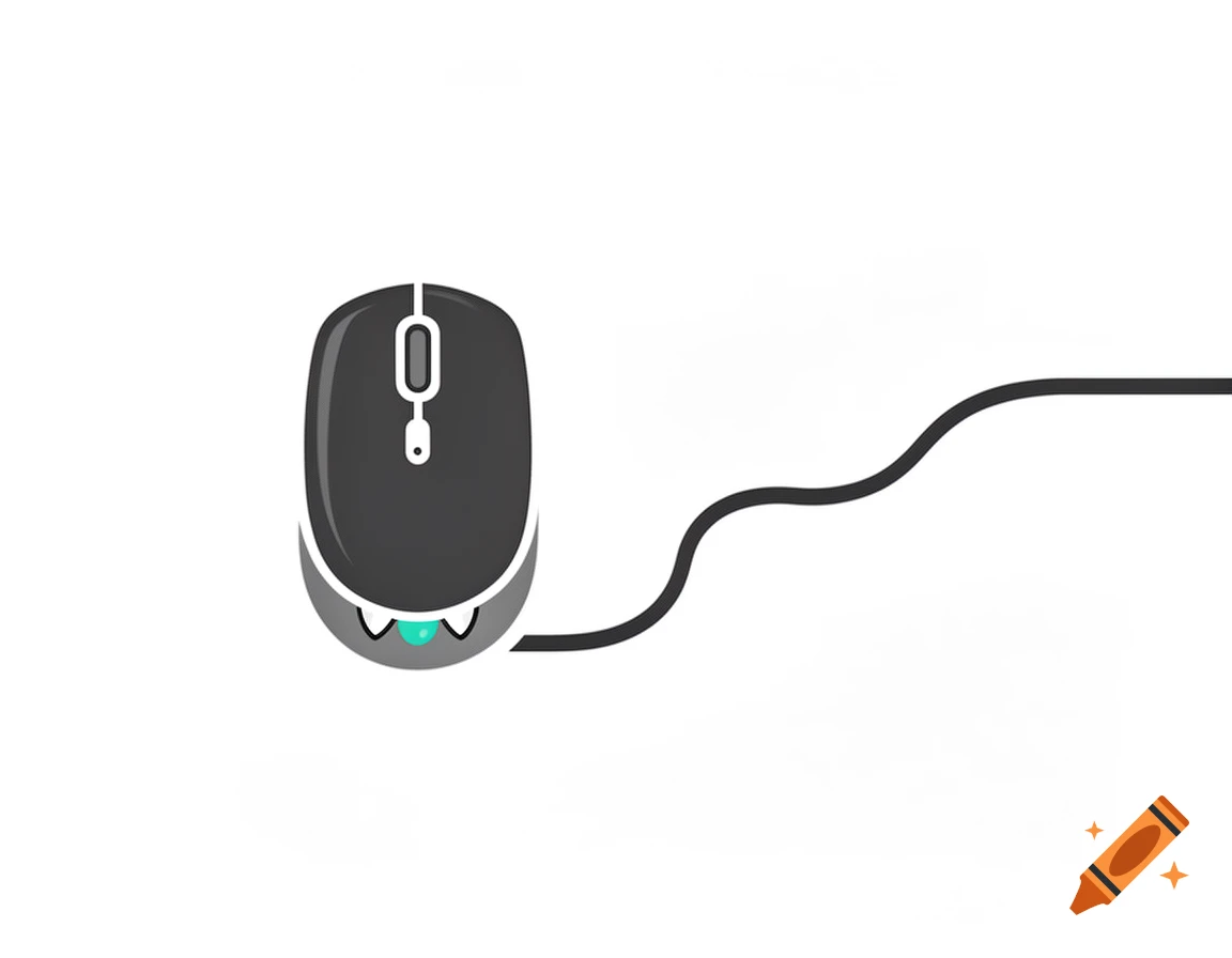 Minimalist vector illustration of a dark gray computer mouse with fangs and a long wire extending to the right against a white background.