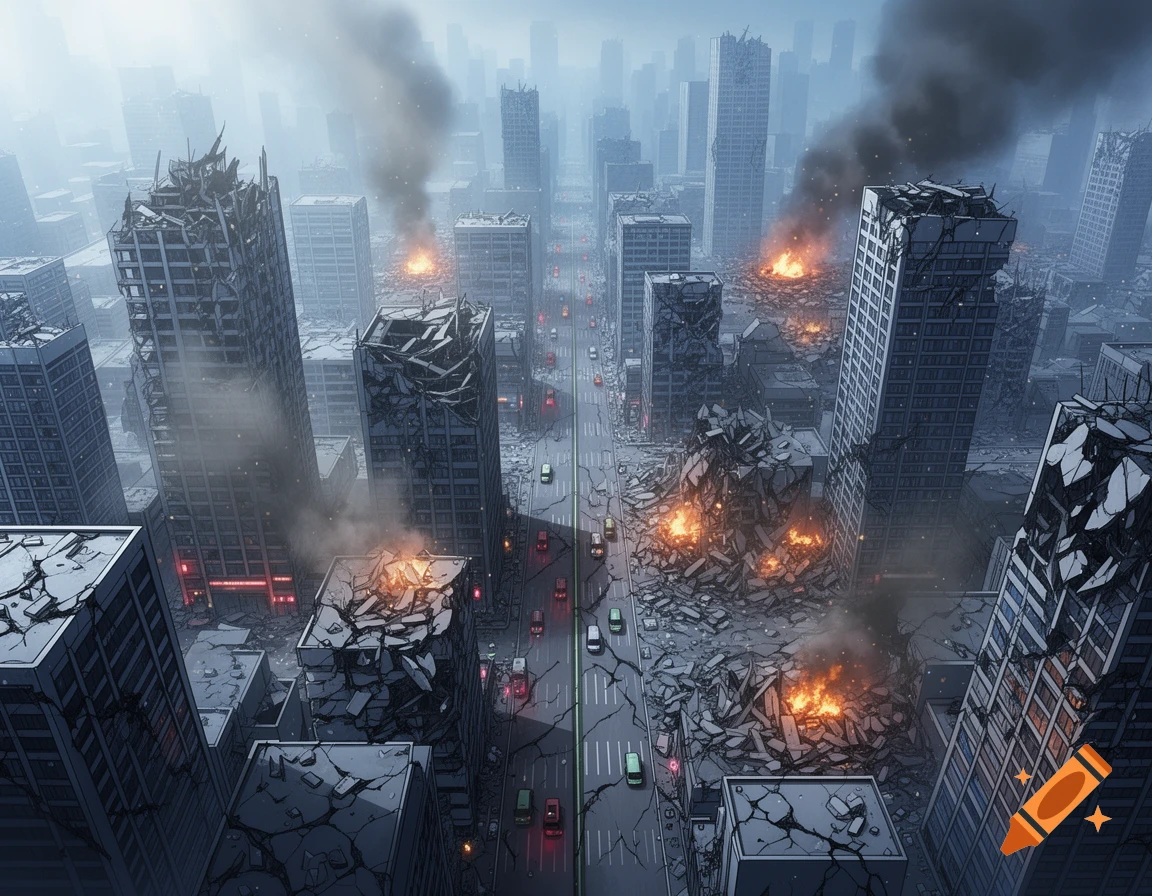 Top-down anime-style view of a heavily damaged modern city with destroyed skyscrapers, rubble, and smoke plumes.