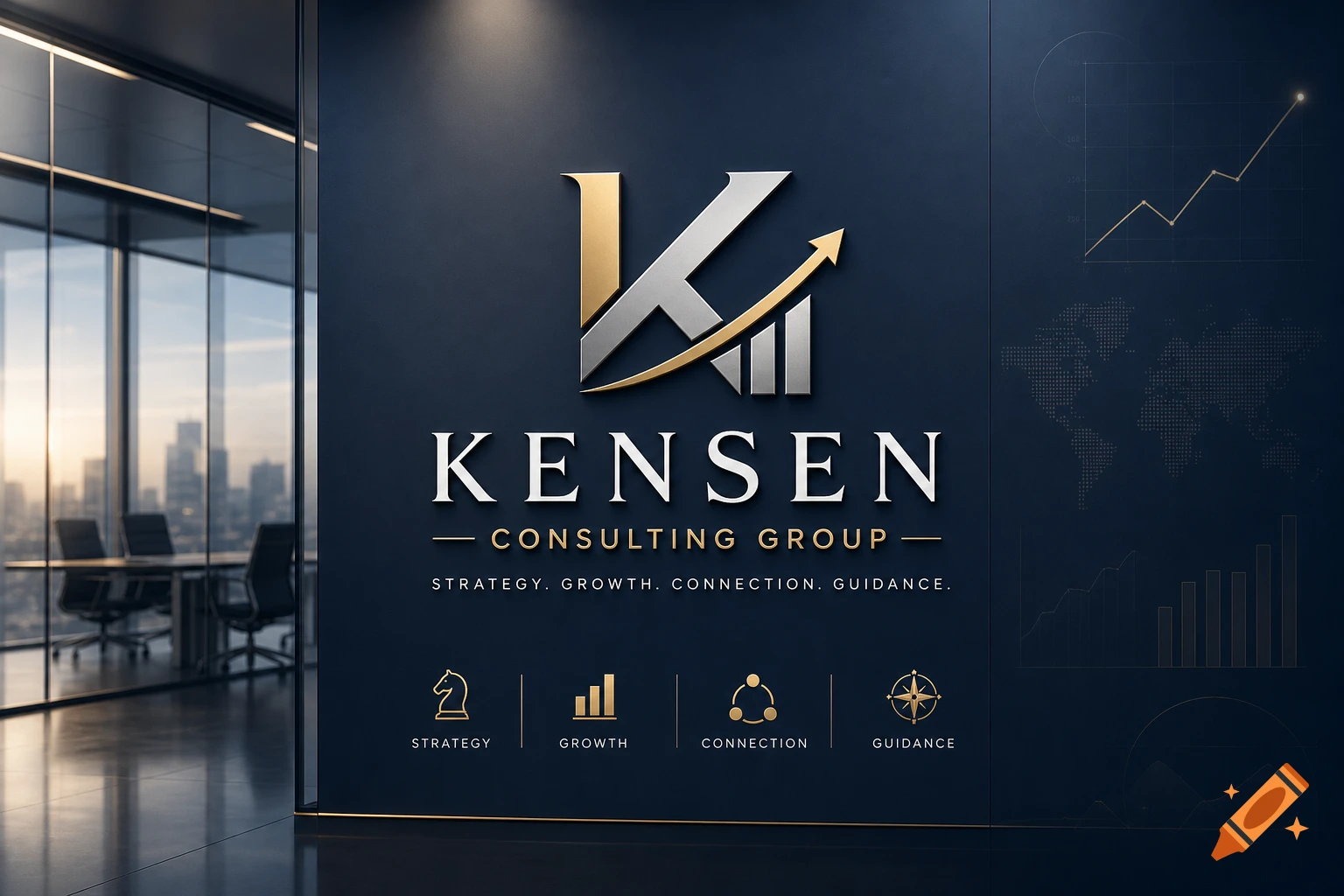 Photorealistic corporate office wall displaying a metallic gold and silver logo for Kensen Consulting Group with strategy icons.