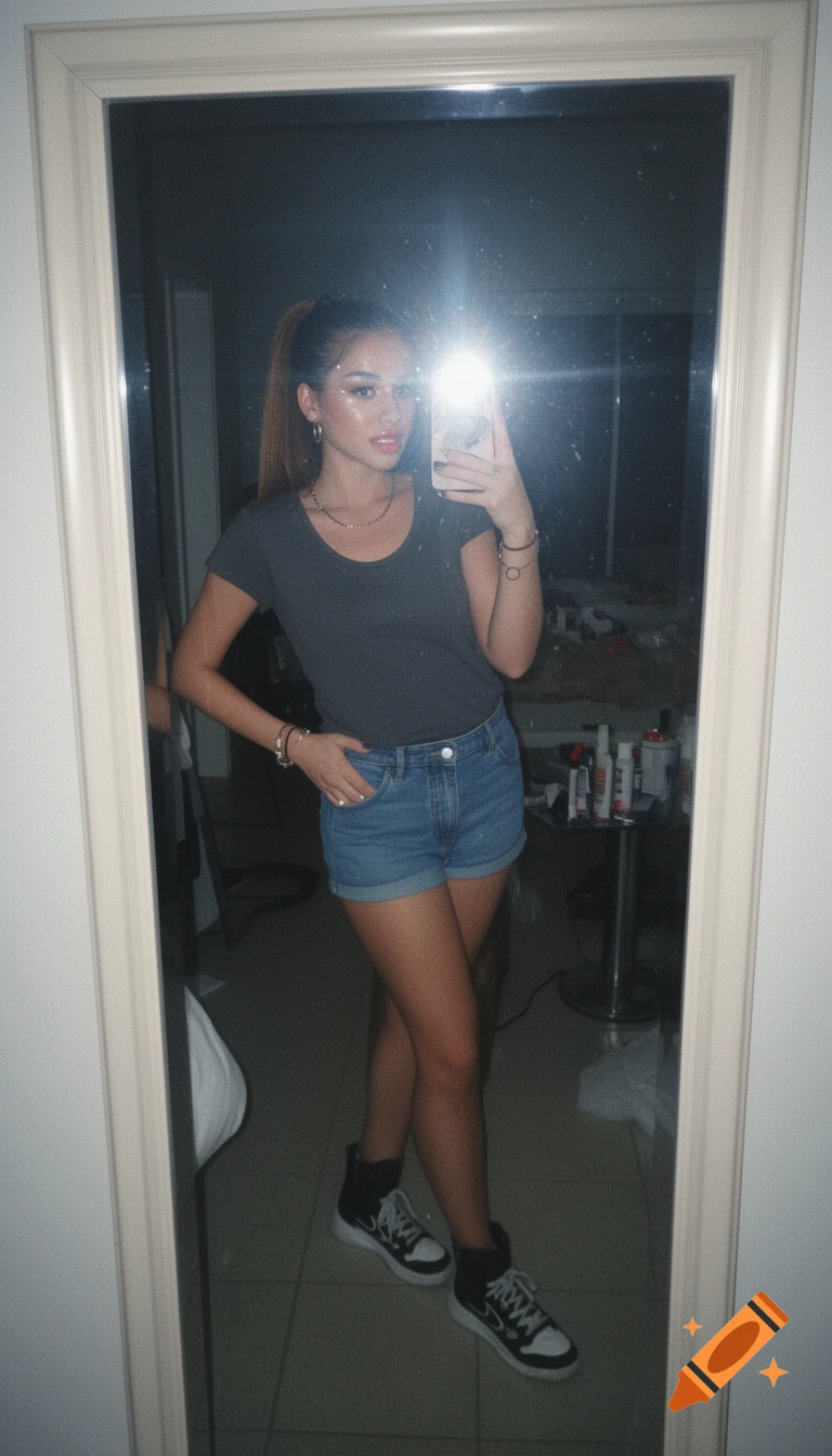 Lo-fi full-body mirror selfie of a young woman in a gray tee, denim shorts, and sneakers.