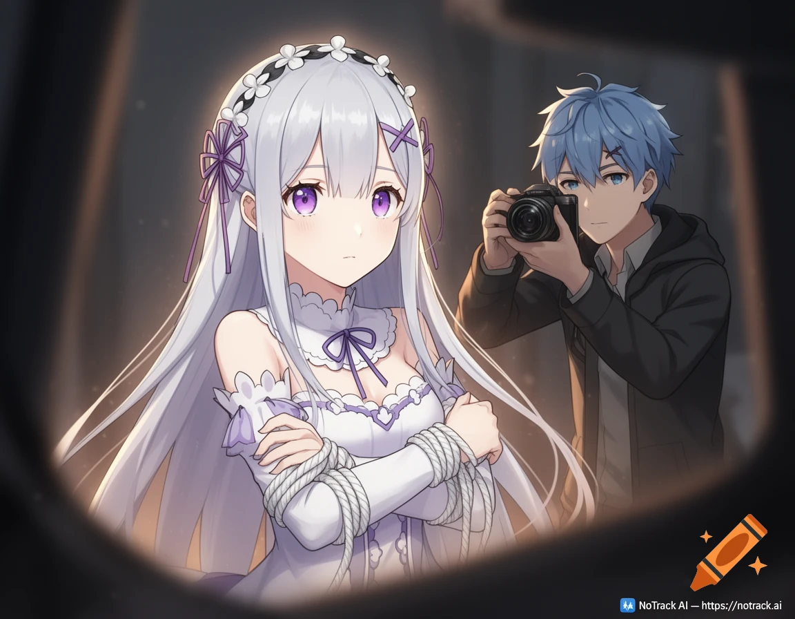 Anime style illustration of Emilia from Re:Zero with silver hair and purple eyes, tied with white ropes, being photographed by Subaru.