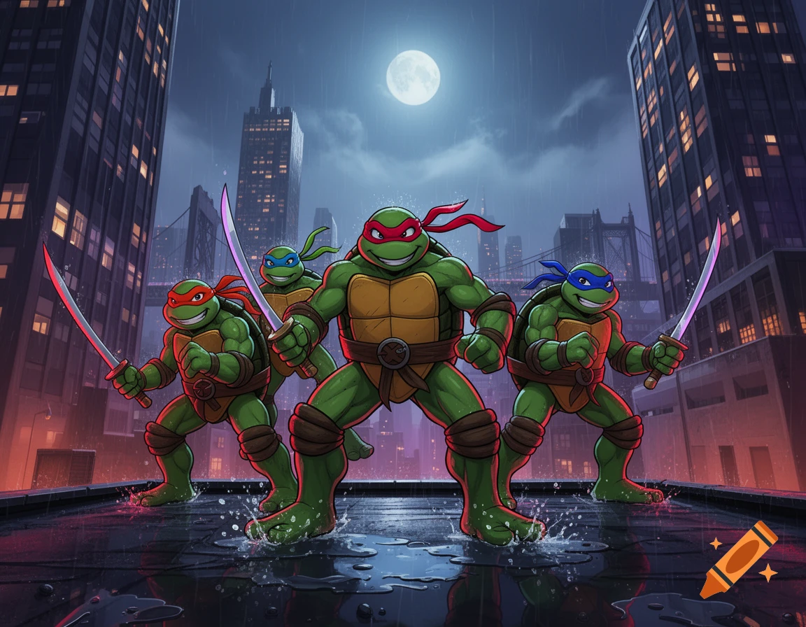 Digital illustration of four Teenage Mutant Ninja Turtles posing on a rooftop at night under a full moon, cinematic style.