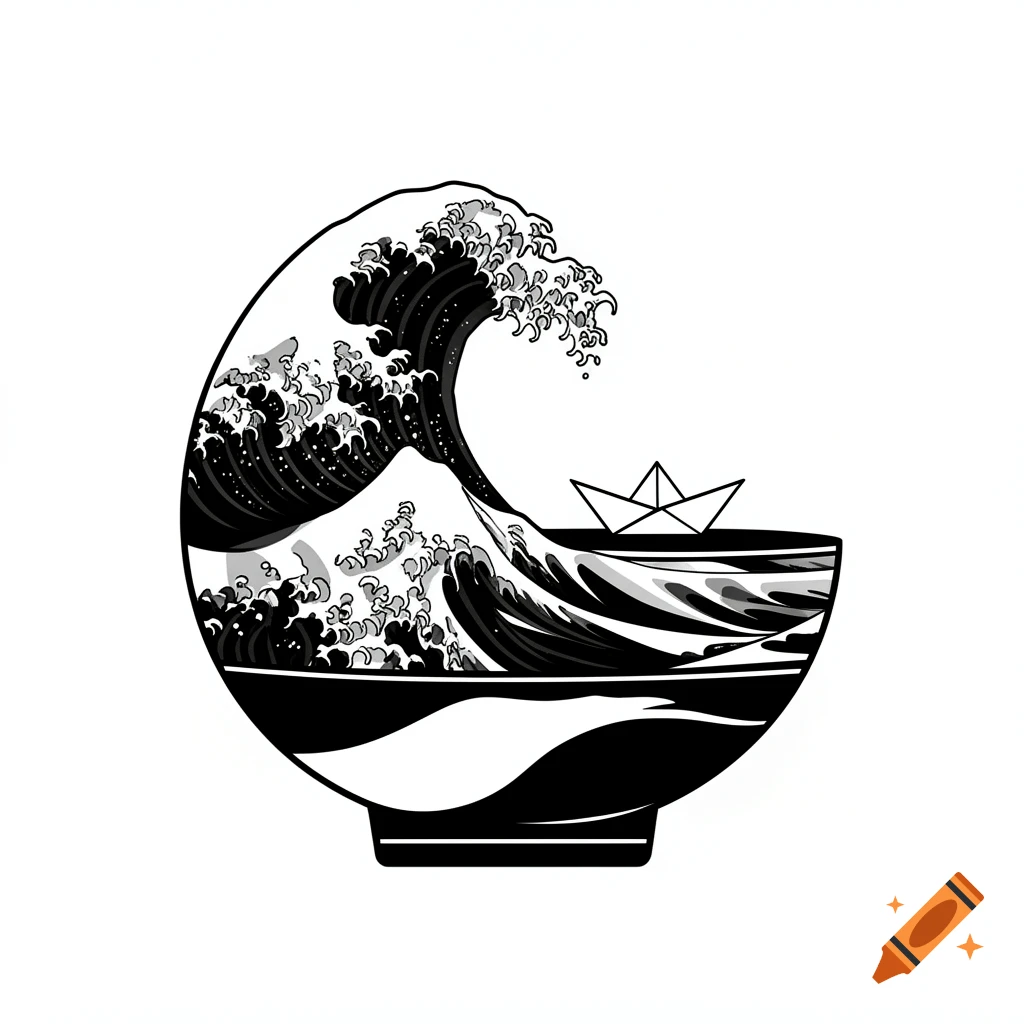 Black and white vector icon of the Great Wave off Kanagawa inside a pottery bowl with a small paper boat.