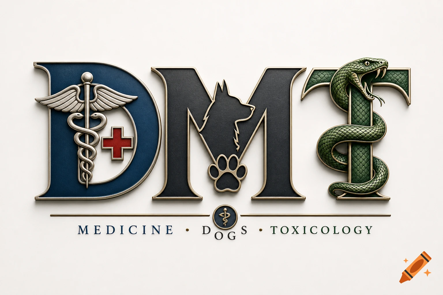 3D embossed text 'DMT' with medical caduceus, dog silhouette, and snake wrapped around the letter T, with subtitles below.