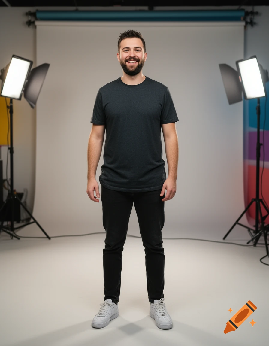 Full-body photorealistic studio portrait of a smiling man standing in front of a white backdrop with lighting equipment.