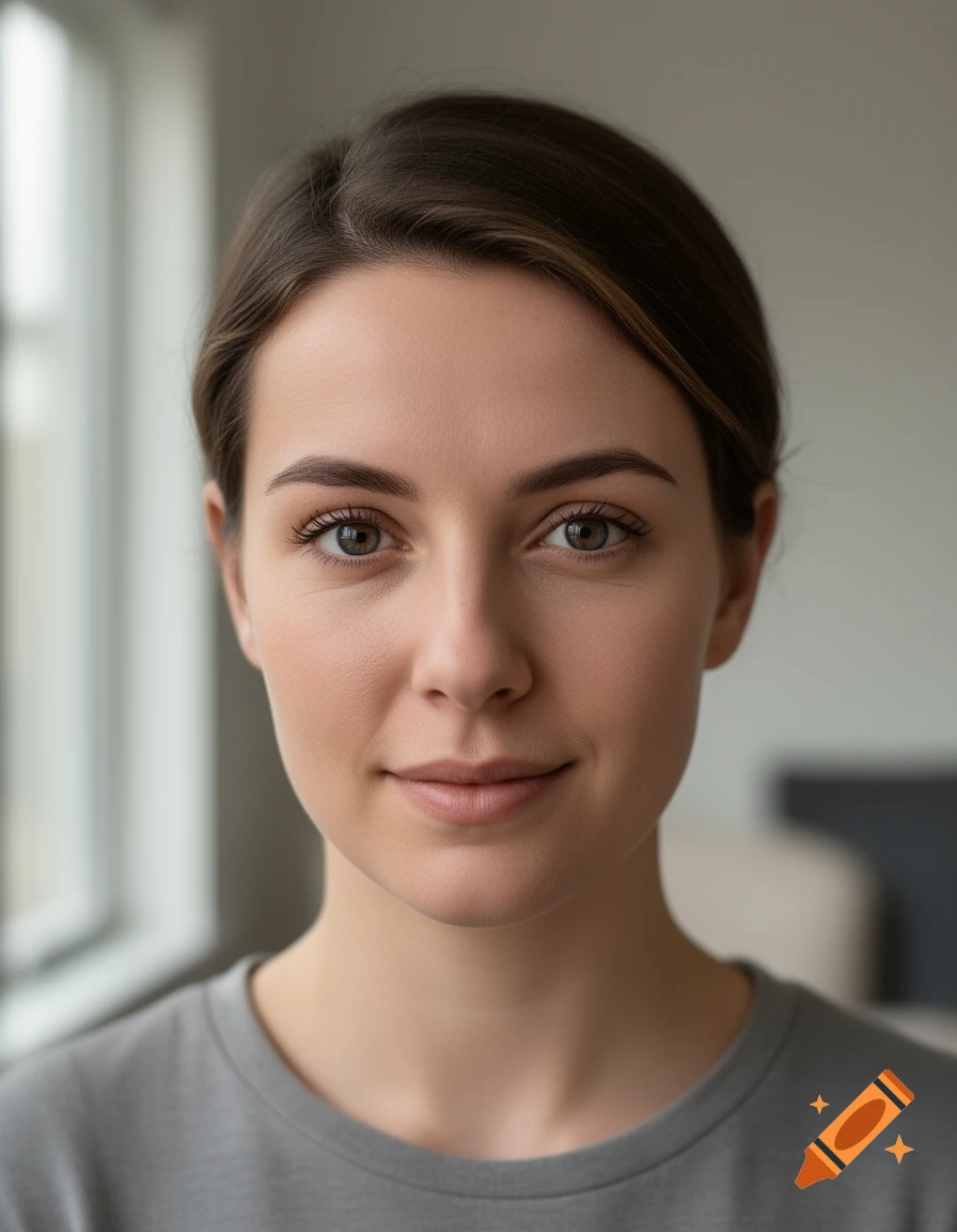 Close-up photorealistic portrait of a young woman with brown hair and dark eyes looking directly at the camera.