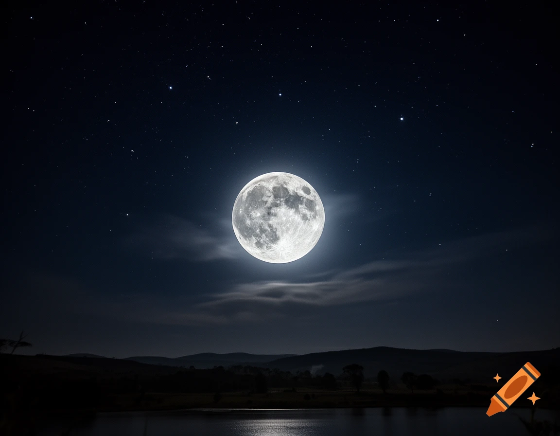 Photorealistic night sky featuring a glowing full moon, scattered stars, and subtle clouds above a dark landscape and water.