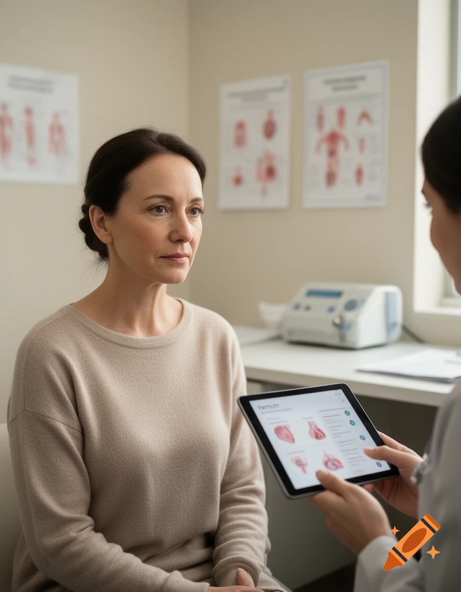Photorealistic image of a female patient looking at a doctor holding a tablet with medical charts in an office.