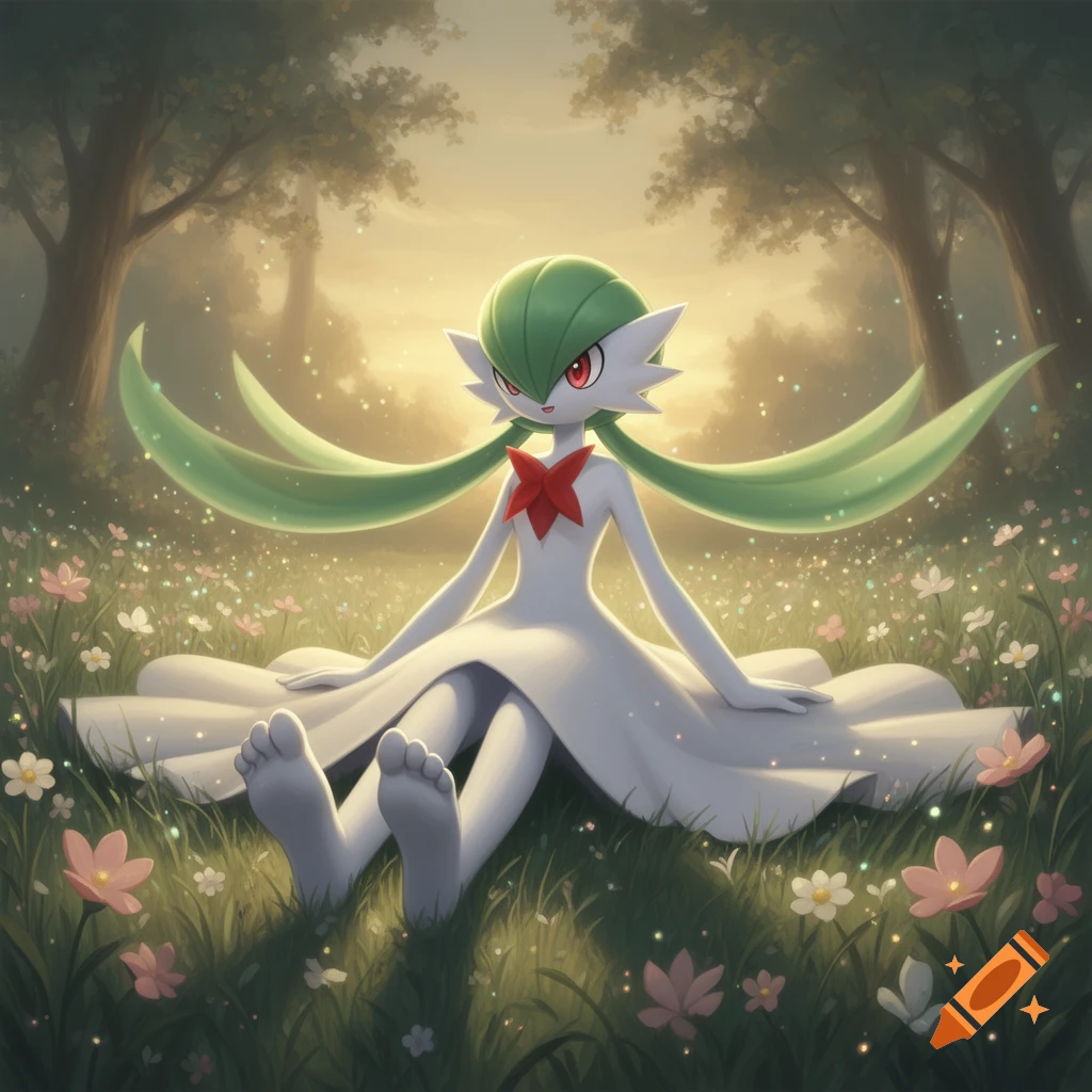 Digital illustration of a Gardevoir sitting in a grassy meadow filled with flowers, surrounded by trees during sunset.