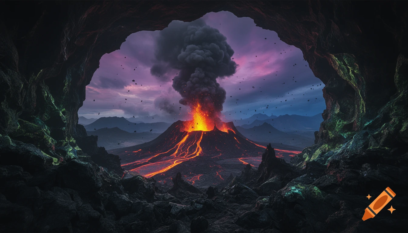 View from inside a dark cave looking out at a dramatic volcanic eruption with lava flows and a dark cloud under a colorful purple sky.
