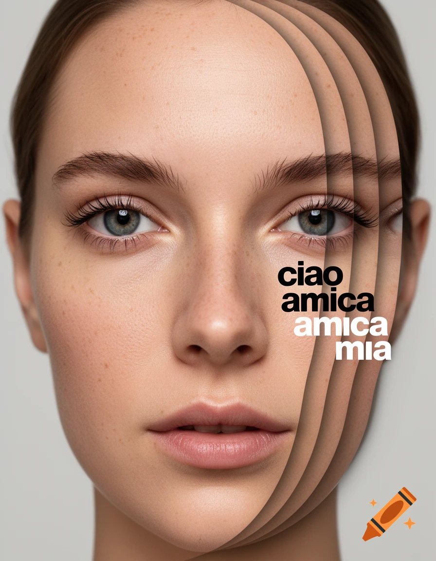 Photorealistic portrait of a woman's face layered and curved, featuring clear text that reads 'ciao amica mia'.