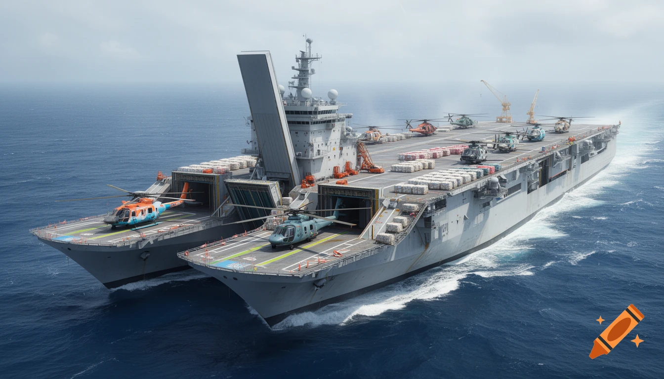 Photorealistic high-angle view of a massive futuristic catamaran aircraft carrier sailing on the open ocean with multiple helicopters on deck.