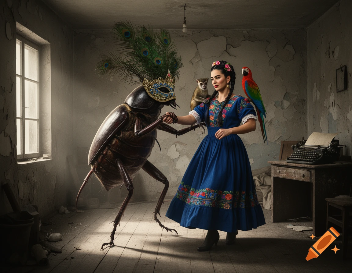 Photorealistic surreal scene of Gregor Samsa as an insect in a Venetian mask dancing with Frida Kahlo in a dilapidated room.