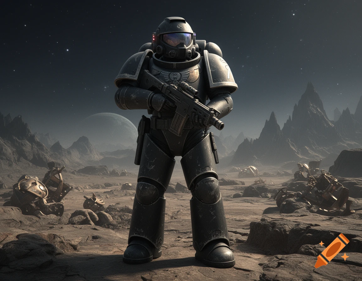 Photorealistic image of a heavily armored space marine standing on a barren, rocky alien landscape with mountains in the background.