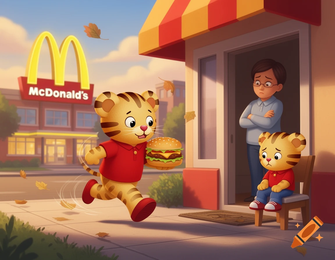 Animated style illustration of Daniel Tiger holding a burger in front of a McDonald's restaurant, with an adult and child looking sad on the porch.