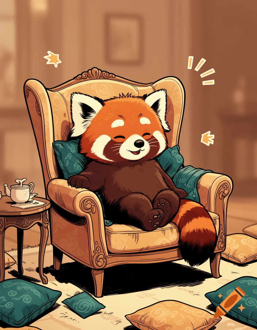 A cute red panda sitting comfortably in an armchair, comic illustration style.