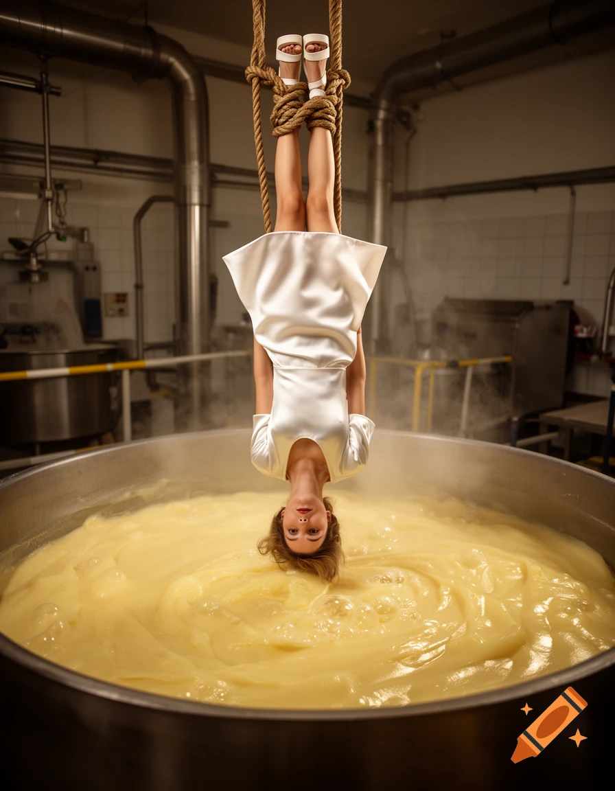 Photorealistic image of a woman in a white dress suspended upside down by her ankles over a large vat of bubbling custard in an industrial factory.
