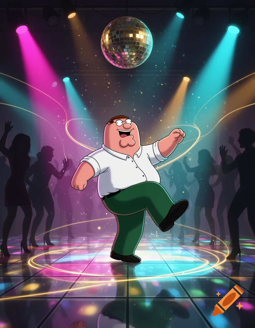 Peter Griffin dancing on a glowing disco floor with a disco ball and silhouetted figures in the background.
