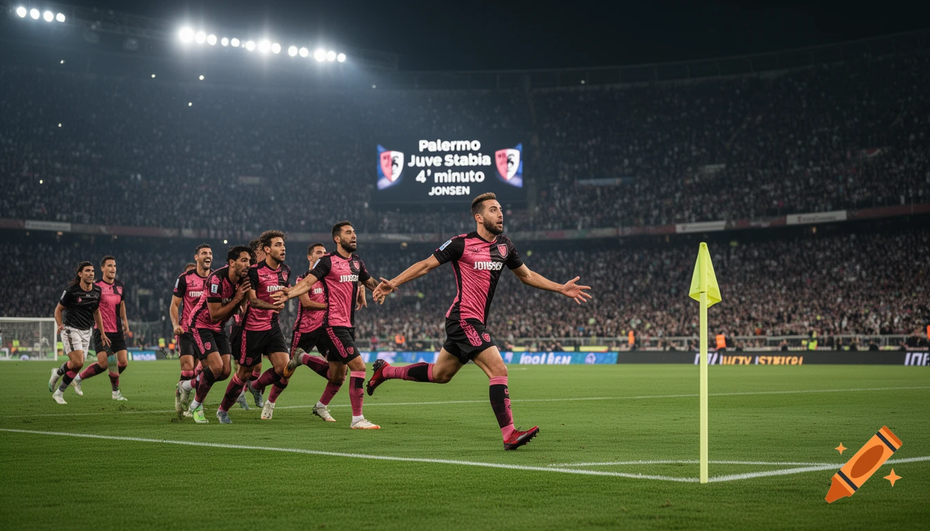 Photorealistic image of soccer players celebrating a goal on the field at a crowded stadium at night.