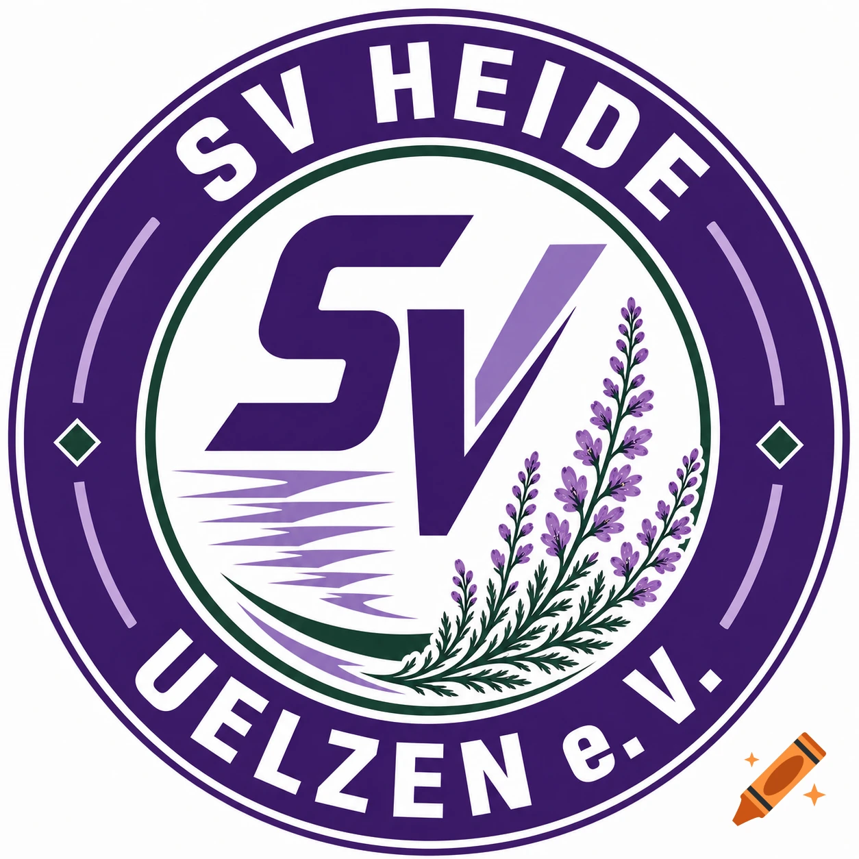 Round purple and white sports club logo with heather flowers and the text SV HEIDE UELZEN e.V.