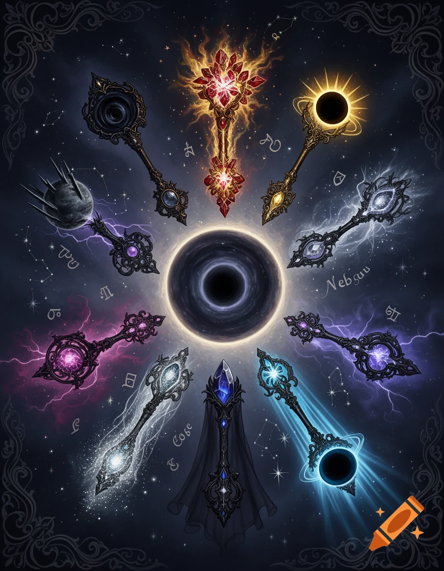 An artistic illustration of various magical cosmic keys surrounding a black hole in a fairy tale art style.