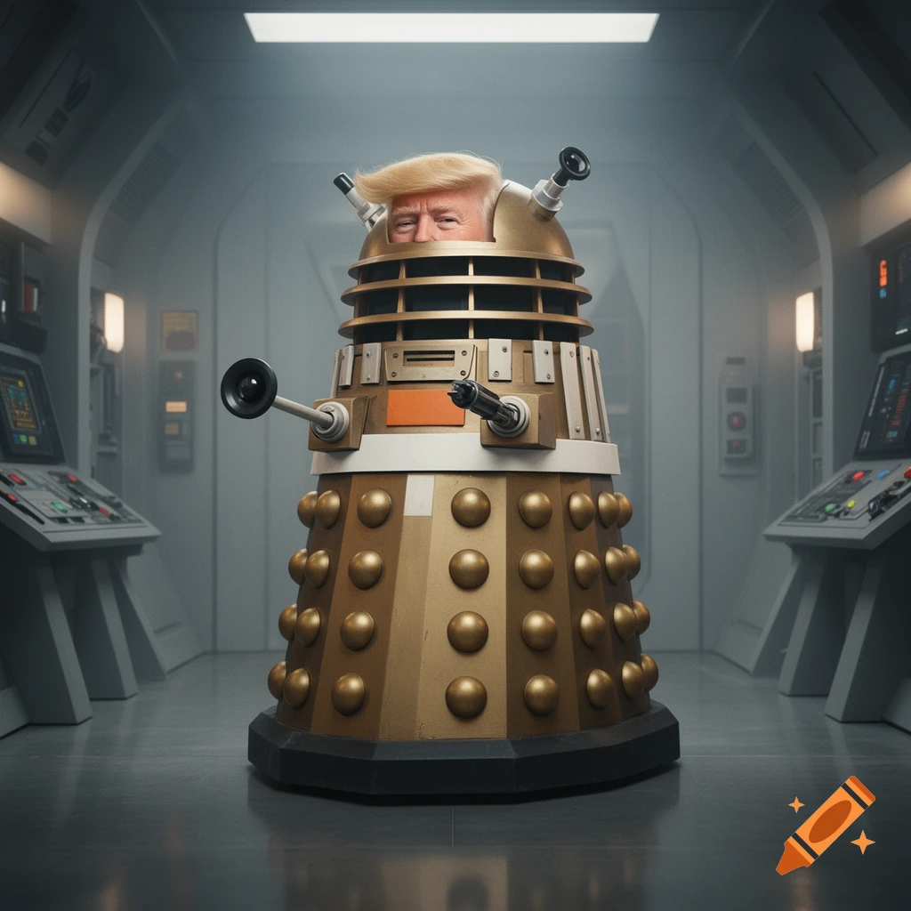 A photorealistic image of a Dalek with the head of Donald Trump inside a spaceship corridor.