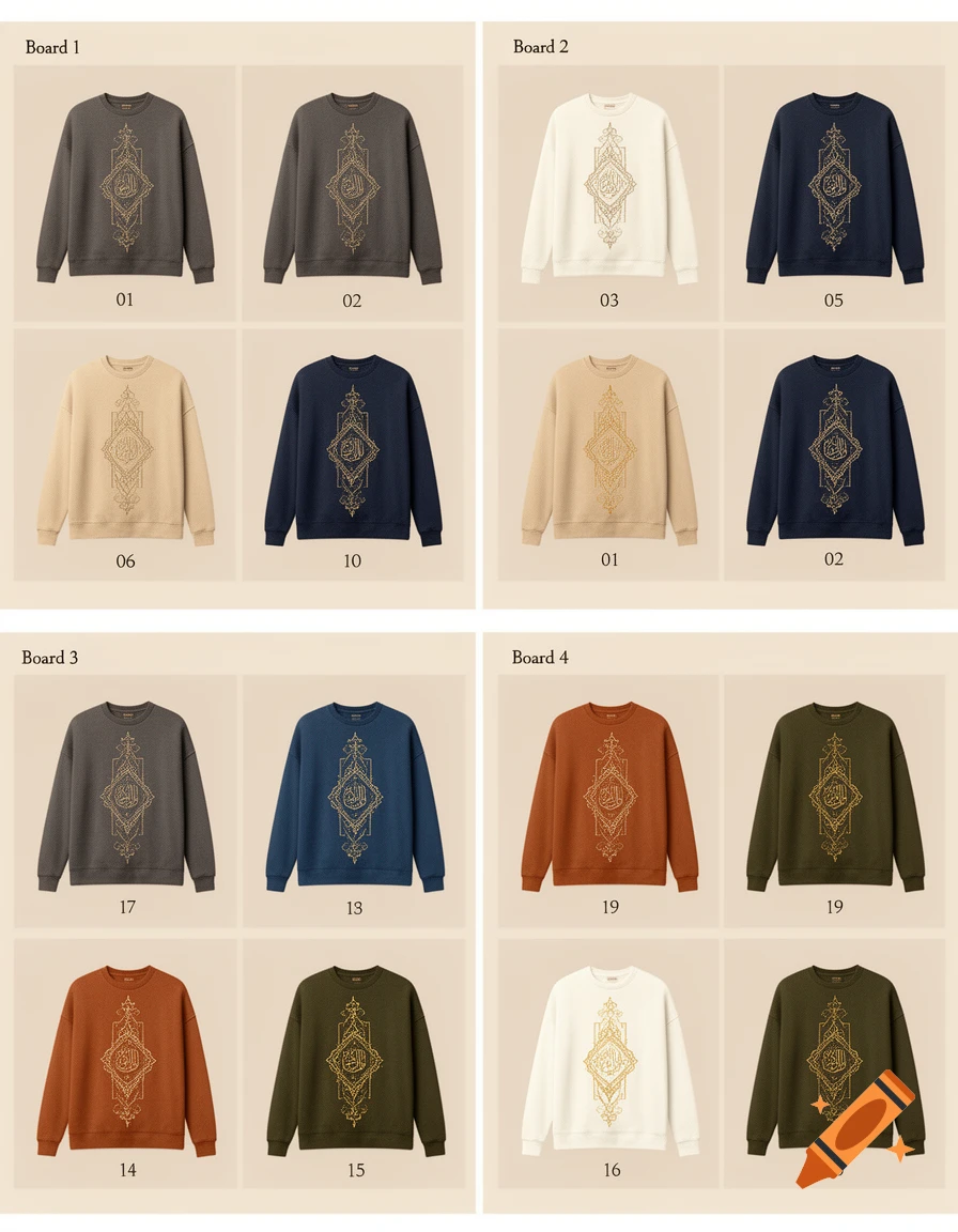 A grid displaying four boards of clothing designs featuring various sweatshirts with embroidered front patterns and numbering.