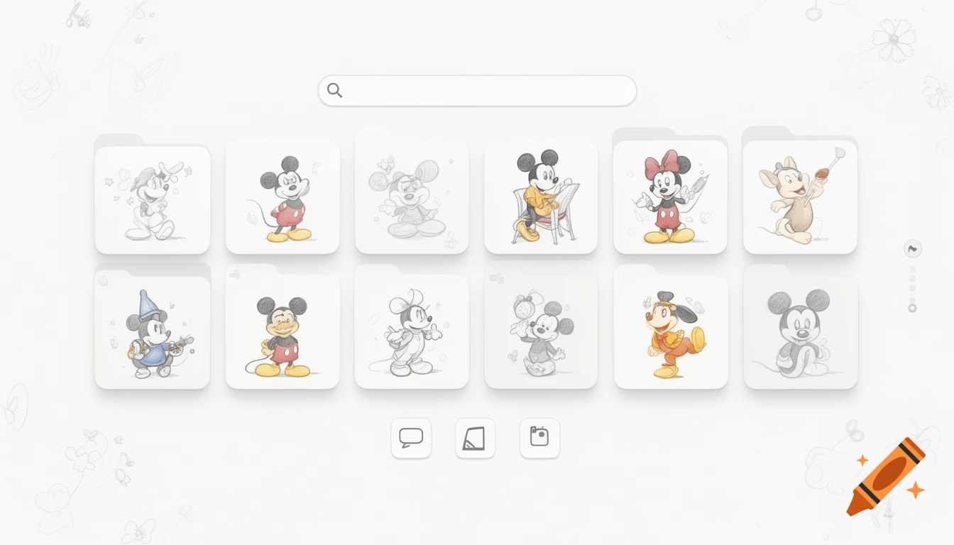 Desktop wallpaper with white interface and app folders displaying pencil sketches of Mickey Mouse characters.