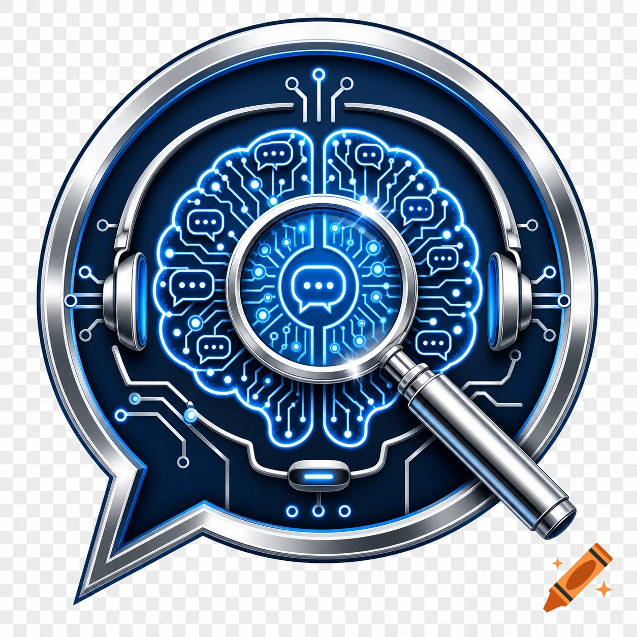 A metallic speech bubble badge with a glowing blue AI brain and magnifying glass inspecting it, corporate vector style.