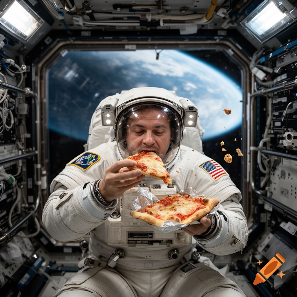 Photorealistic image of an astronaut eating pizza inside the International Space Station with Earth visible through the window.