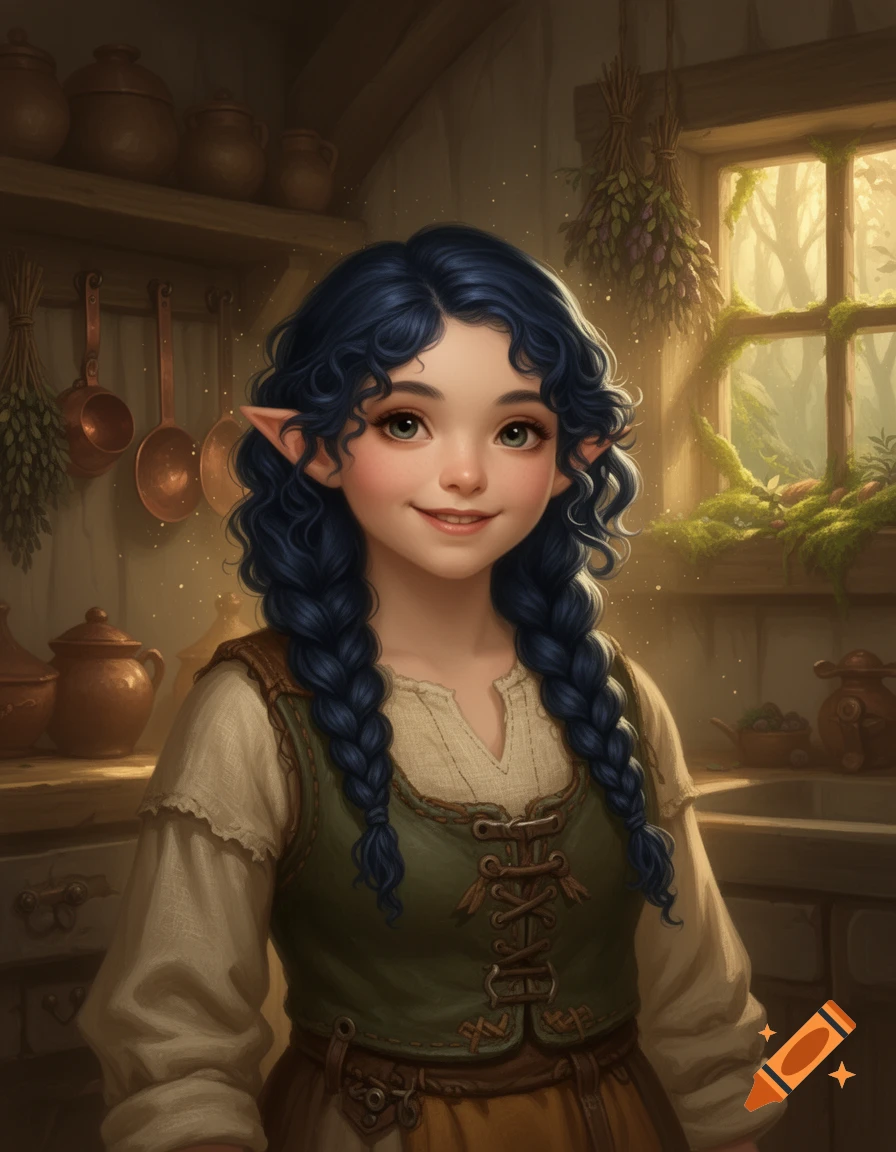 Digital painting of a cute female gnome with blue braided hair and pointed ears in a rustic kitchen.