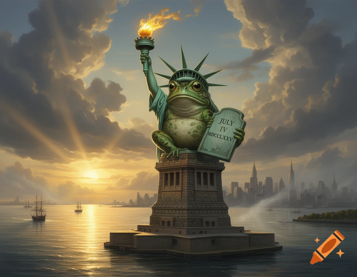 A digital painting of a large toad sitting on the pedestal of the Statue of Liberty, holding a tablet with Roman numerals, during sunset.