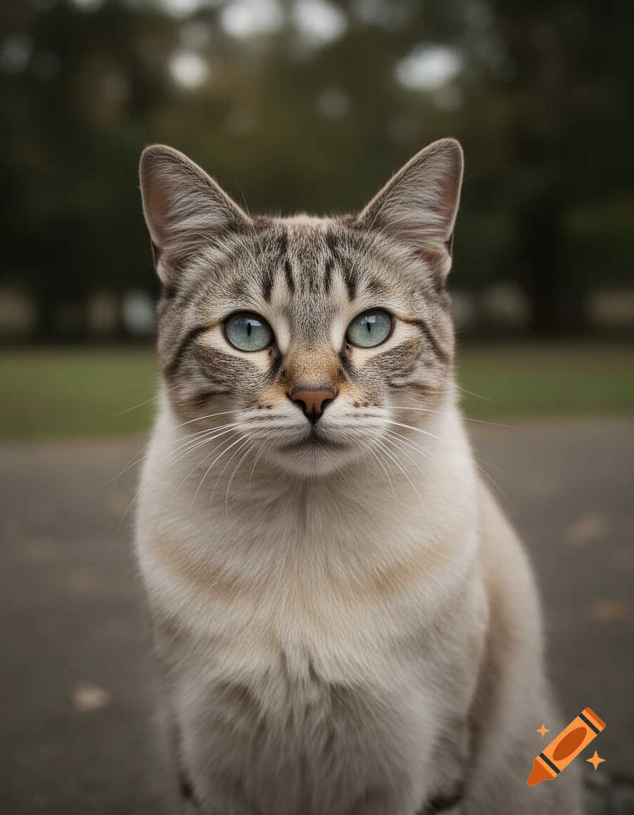 Close-up photorealistic portrait of a light-colored tabby cat with bright blue-green eyes outdoors.