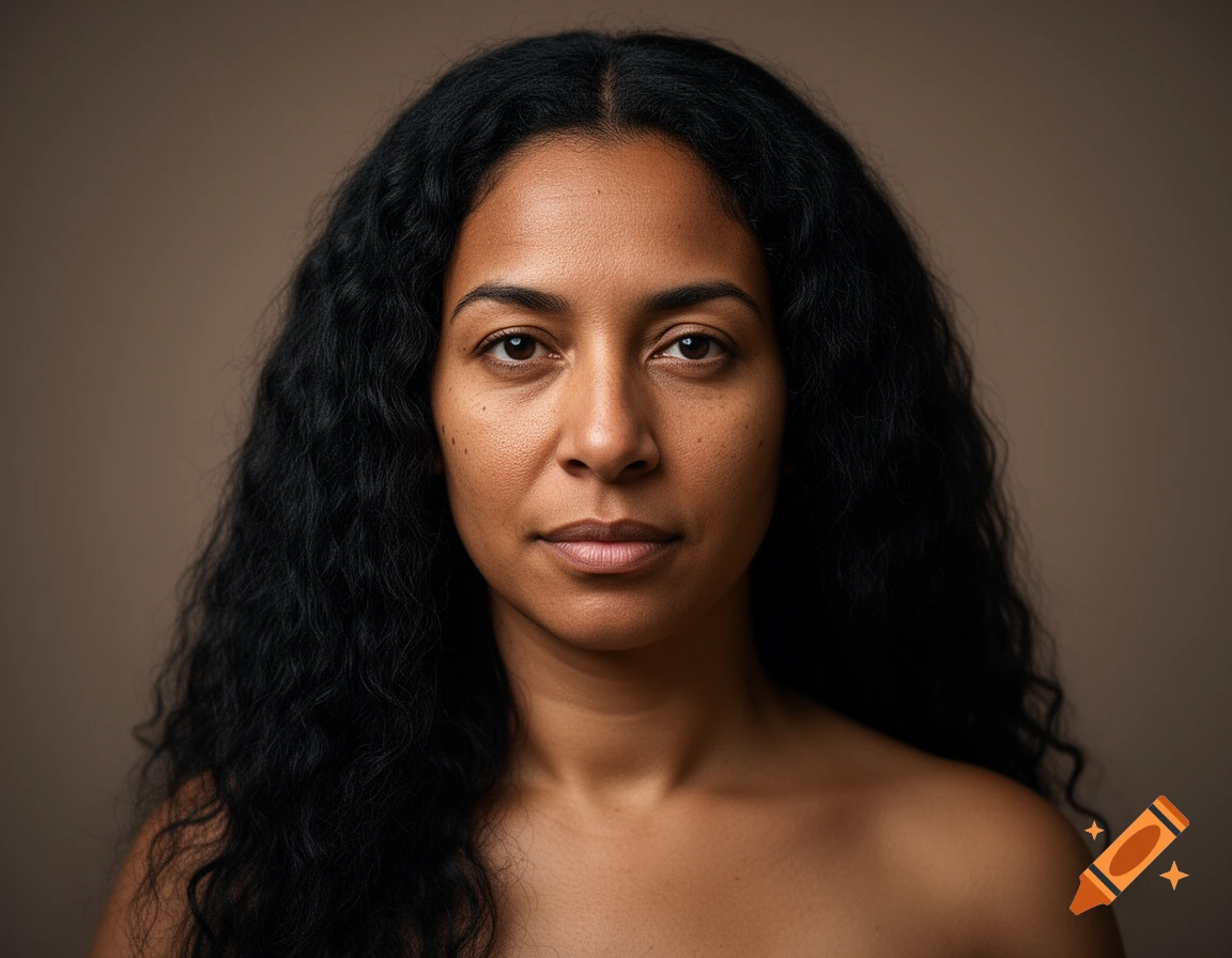 Close-up photorealistic portrait of a woman with long black wavy hair against a neutral brown background.