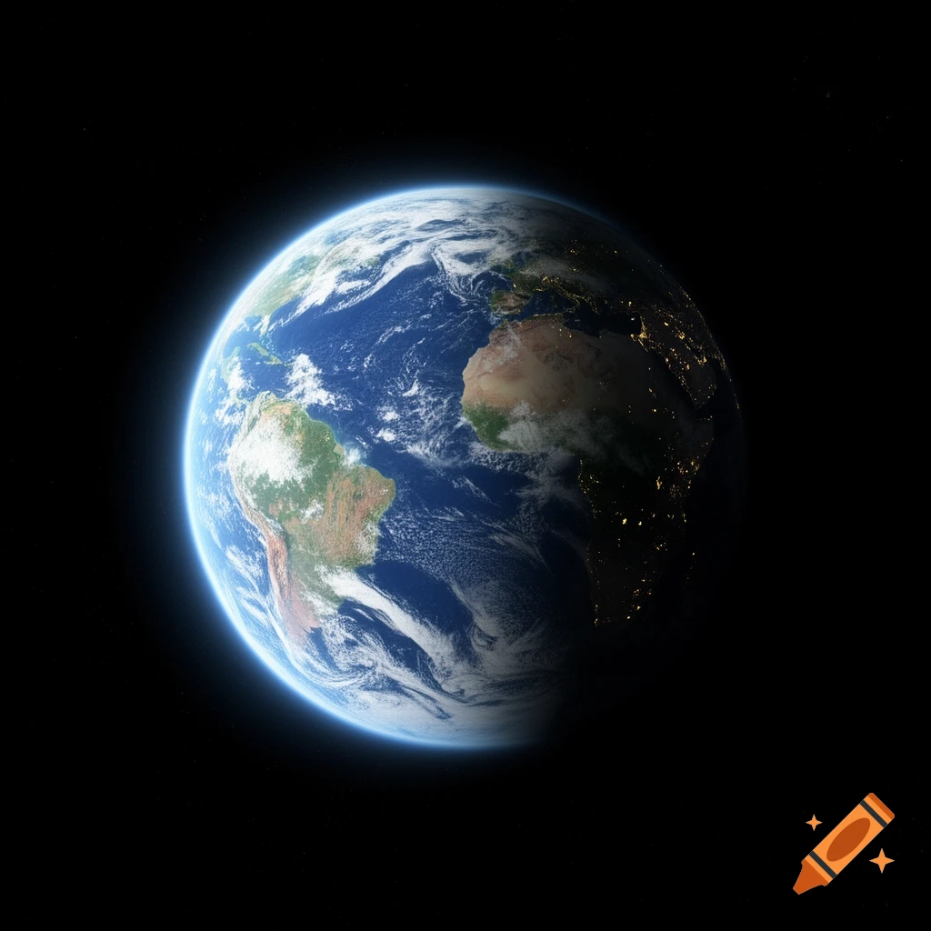 Photorealistic view of planet Earth from space against a black starry background, showing North and South America and parts of Africa.