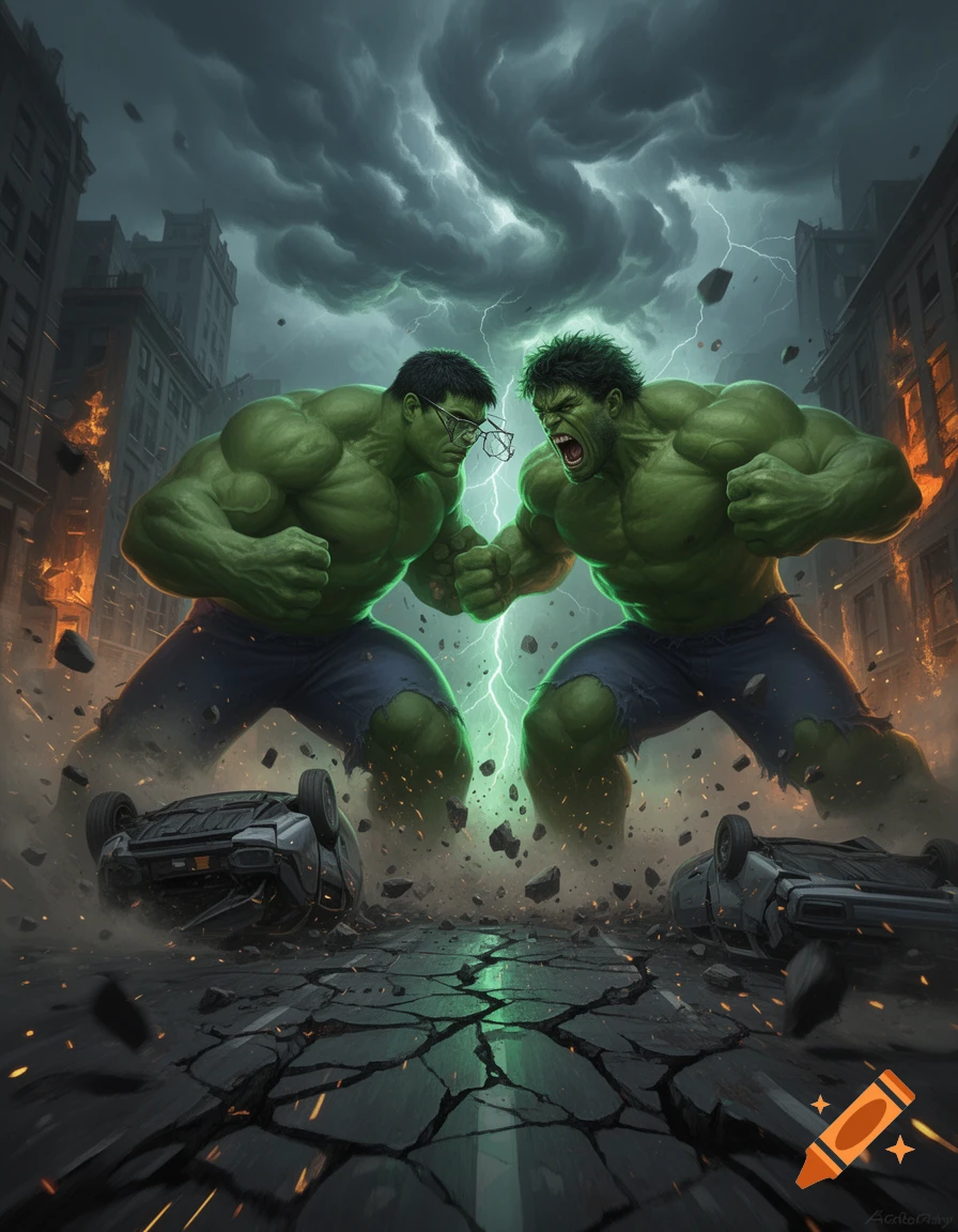 Smart Hulk and angry Hulk fighting each other in a destroyed city street under a stormy sky, digital art.