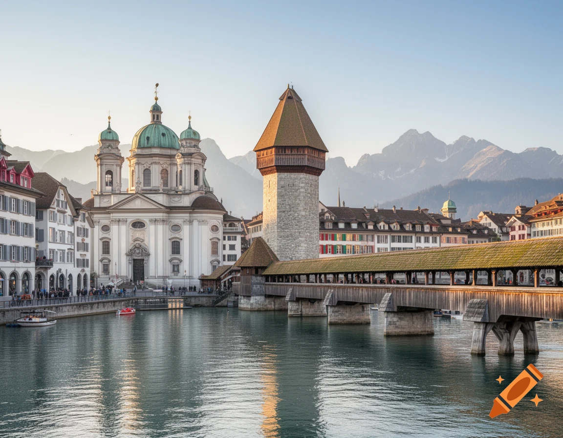 Photorealistic view of the Chapel Bridge and Jesuit Church in Lucerne, Switzerland, with mountains in the background.