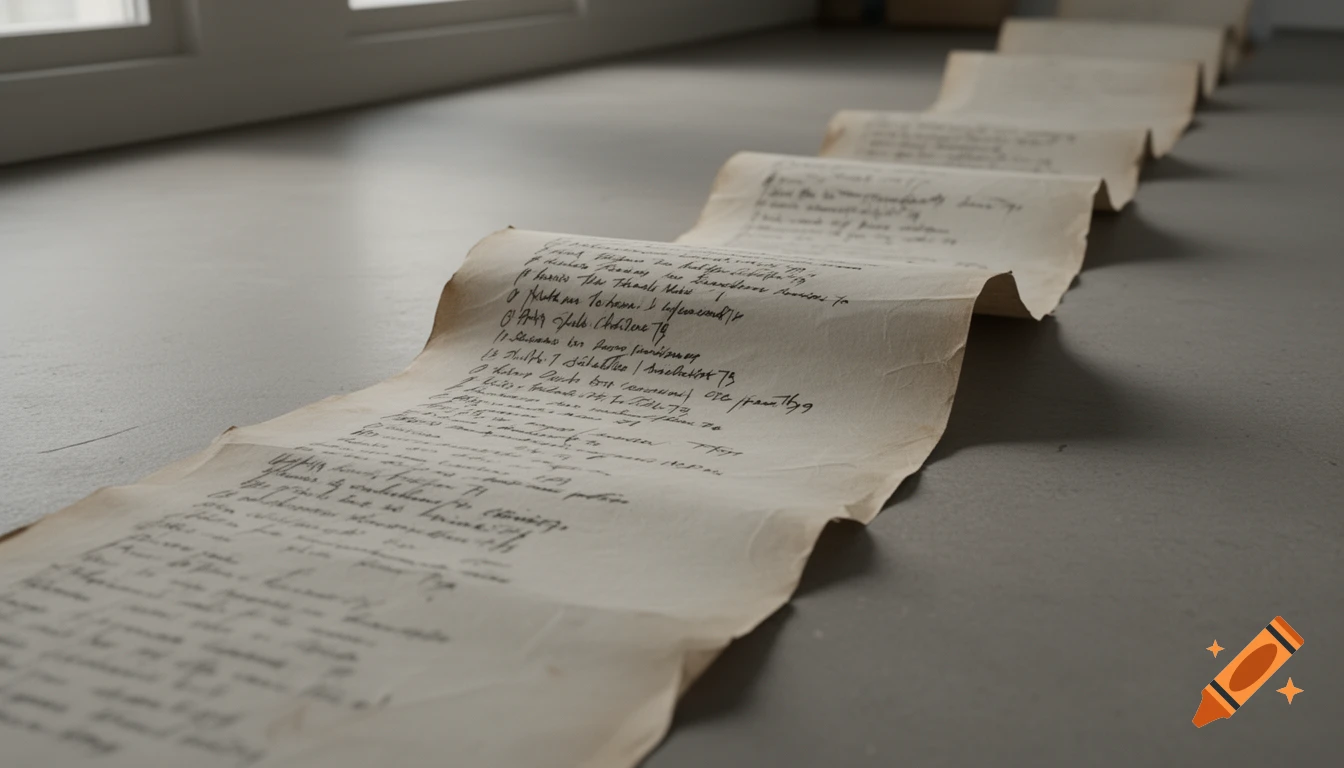 A long, winding scroll of paper with handwritten script laid out in waves across a gray floor.