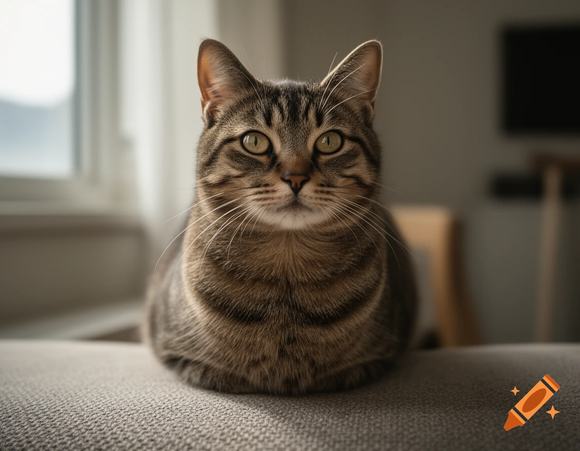 Photorealistic close-up of a brown tabby cat sitting like a loaf on a couch.