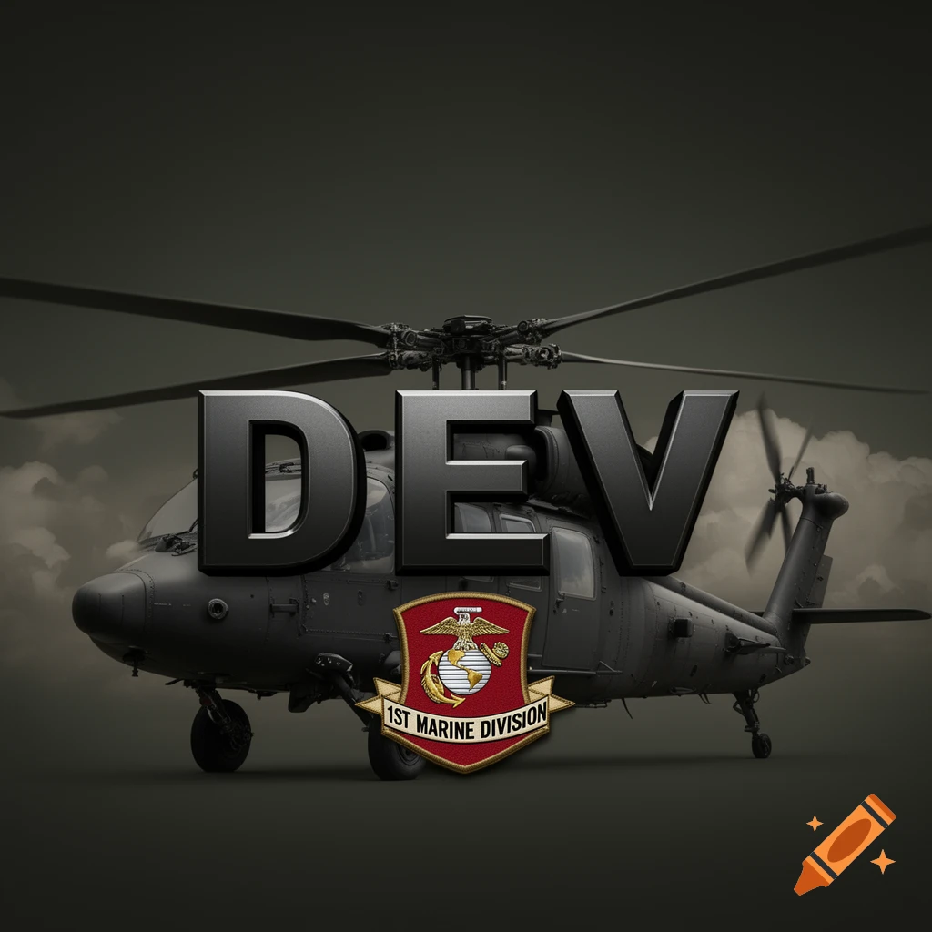 A dark military helicopter with bold 'DEV' text in front and the 1st Marine Division emblem.