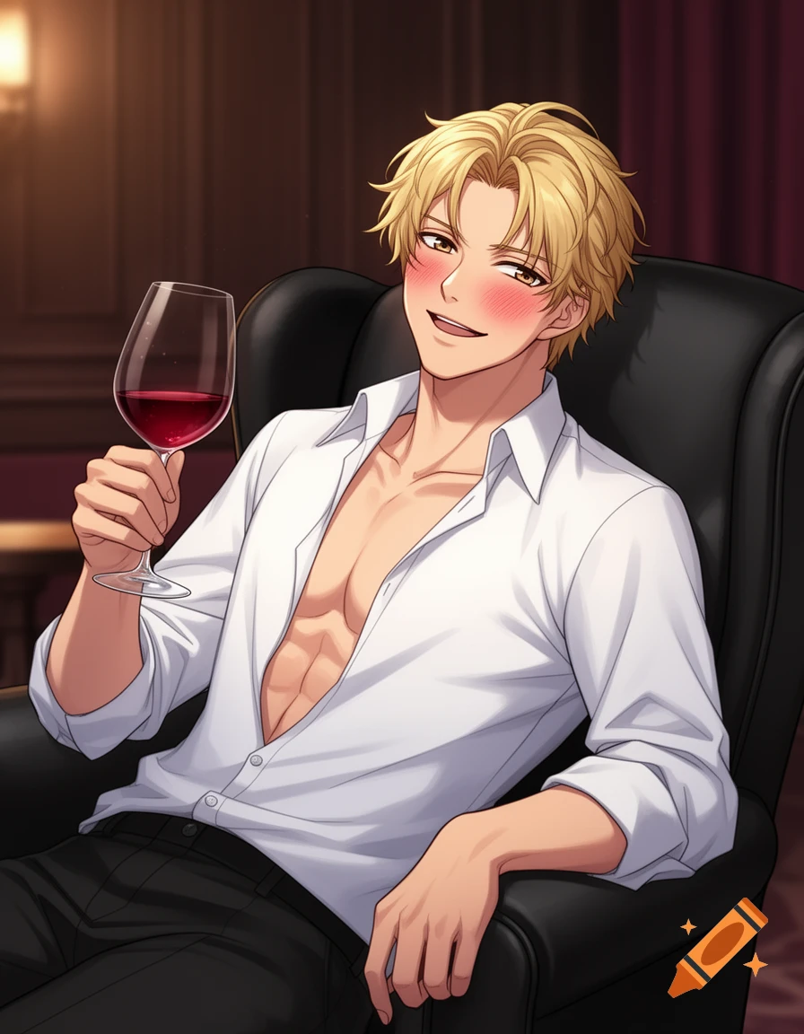 Anime style illustration of a smiling blond man with flushed cheeks, wearing an open white shirt, holding a glass of red wine.