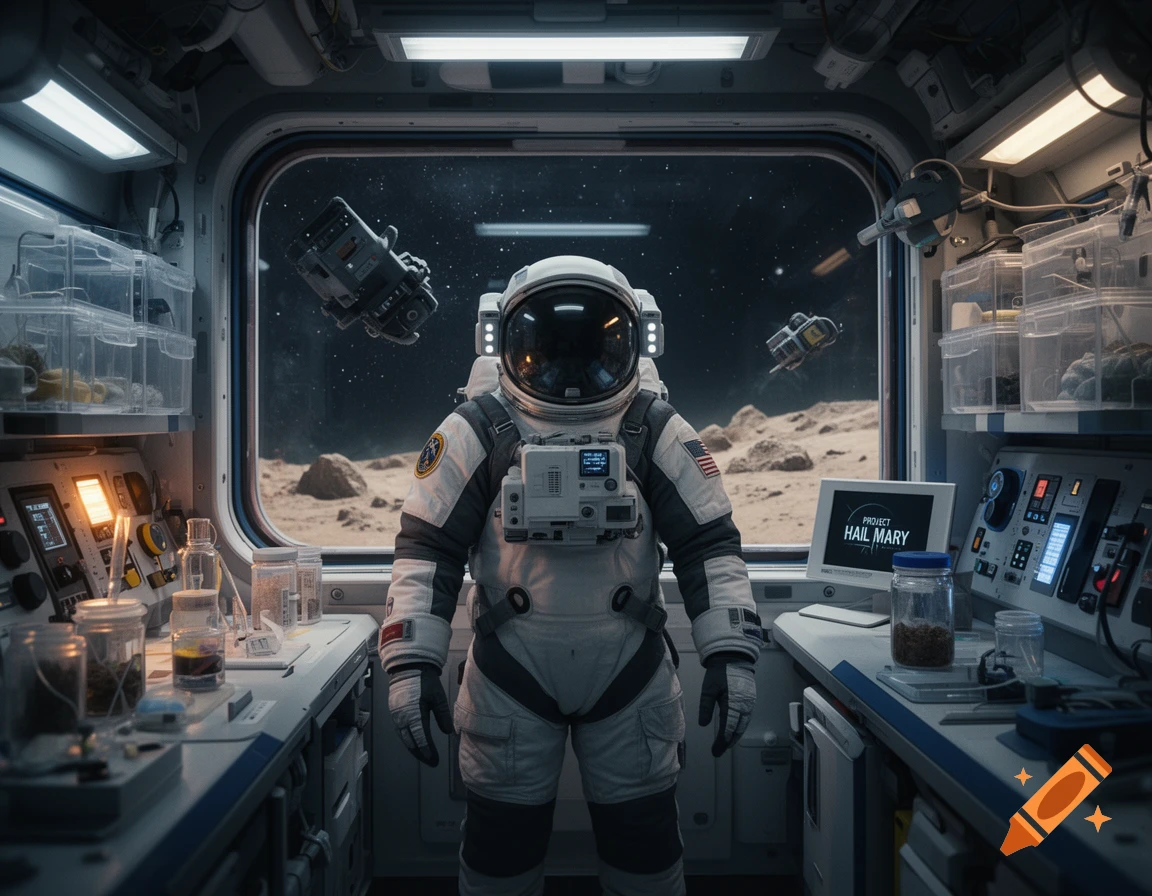 An astronaut in a spacesuit stands inside a spacecraft laboratory overlooking a rocky lunar landscape, photorealistic.