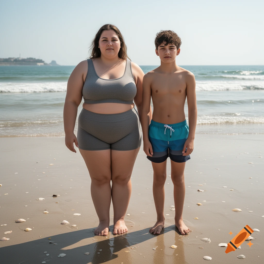 Photorealistic image of a chubby woman and a boy standing side by side on a sandy beach by the ocean.