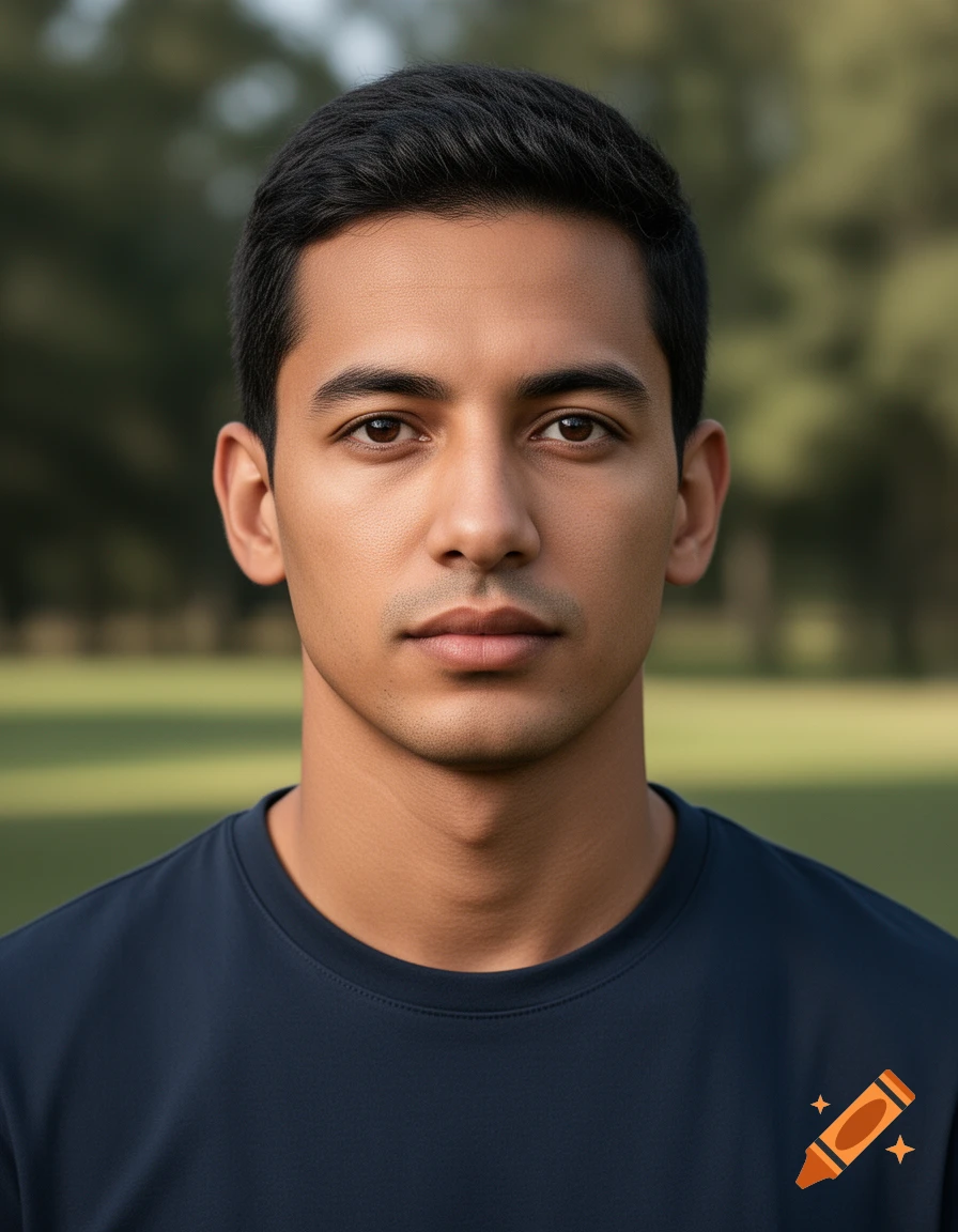 Close-up photorealistic portrait of a young man with dark hair against an out-of-focus green background.