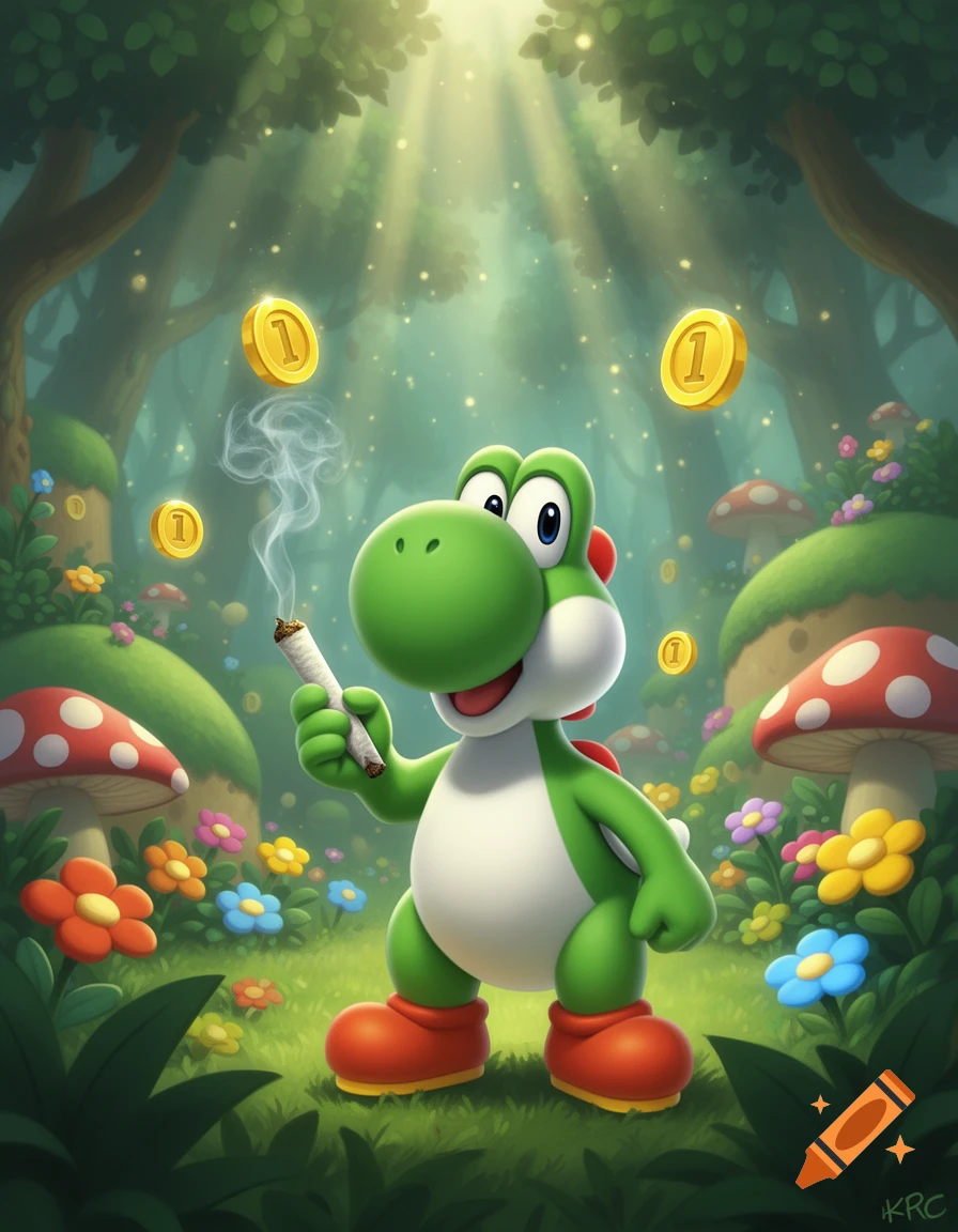 Digital art of Yoshi holding a lit joint in a glowing Mario-themed forest with floating coins and mushrooms.
